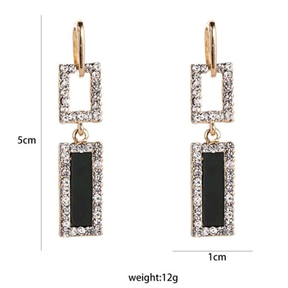 Geometric Rectangle Gold Black Earrings - Picture 3 of 4